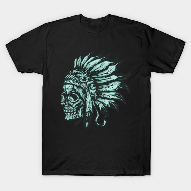 Indian Chief American Native Skull Feather Headdress T-Shirt by Macphisto Shirts